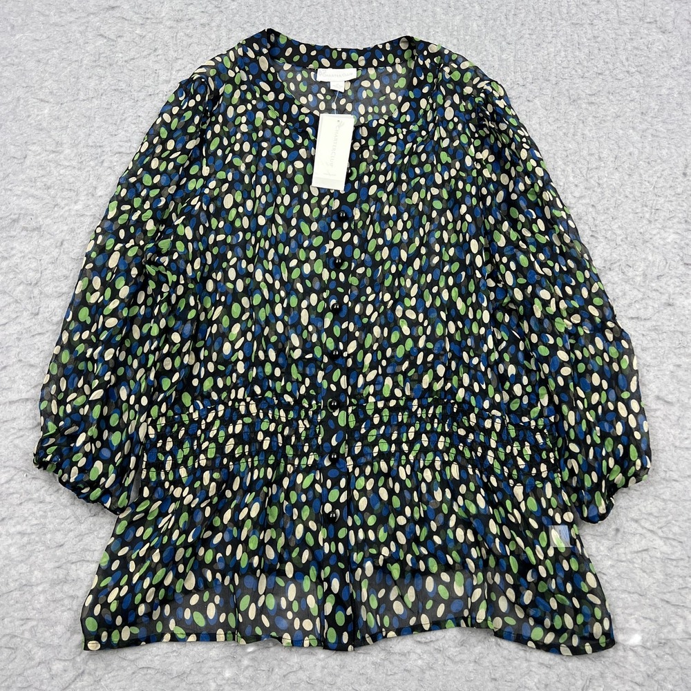 NEW Charter Club Palm Beach Top Womens 14 Multi Dotted 100% Silk Button Up Shirt